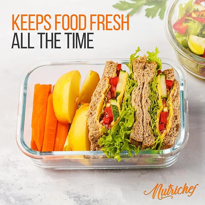 NutriChef 10-Piece Superior Glass Food Storage Containers Set (5 Containers + 5 Locking Lids),Stackable Meal-prep Design, BPA-free Airtight Clear Locking lids with Vent Lids & Air Hole, Green