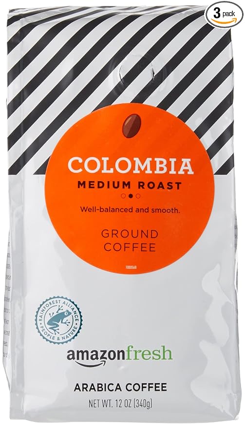 Amazon Fresh Colombia Ground Coffee, Medium Roast, 12 Ounce (Pack of 3)