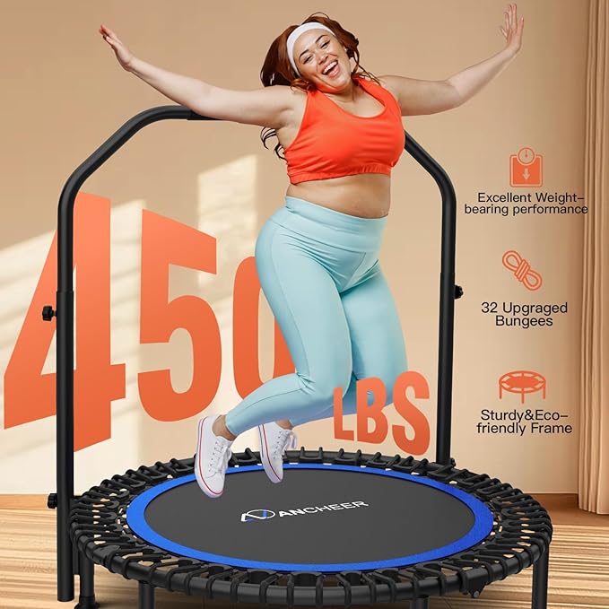 ANCHEER 40/48" Mini Trampoline with Upgraded Bungee Cords, 550LBS Capacity, Adjustable Foam Bar & Resistance Ropes, Indoor/Outdoor Rebounder for Adults