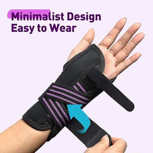 AGPTEK Carpal Tunnel Wrist Brace for Men Women, Night Sleeping Wrist Support with 2 Splints, Pain Relief Hand Brace for Arthritis Sprains Tendonitis, Adjustable Wrist Splint for Right Hand (L/XL, Black & Purple)