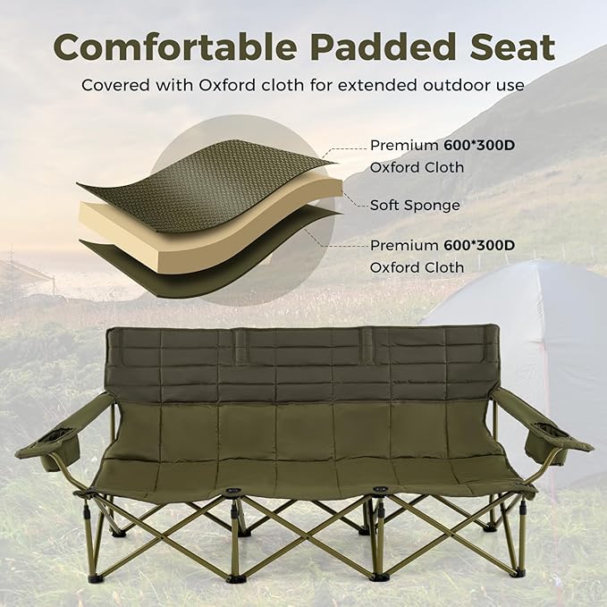 Tangkula 3 Person Oversized Camping Chair, Fully Padded Folding Camp Chair with Adjustable Armrests, Cup Holders, Carrying Bag, Portable Outdoor Lawn Chair for Camping, Support 900LBS