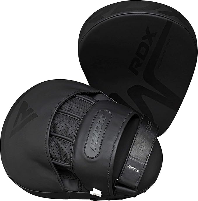 RDX Boxing Pads Focus Mitts, Convex Skin Leather Curved Hand Pad with Adjustable Strap, Hook and Jab Hand Strike Shield for MMA, Martial Arts, Punching Target, Muay Thai Training Matte Black