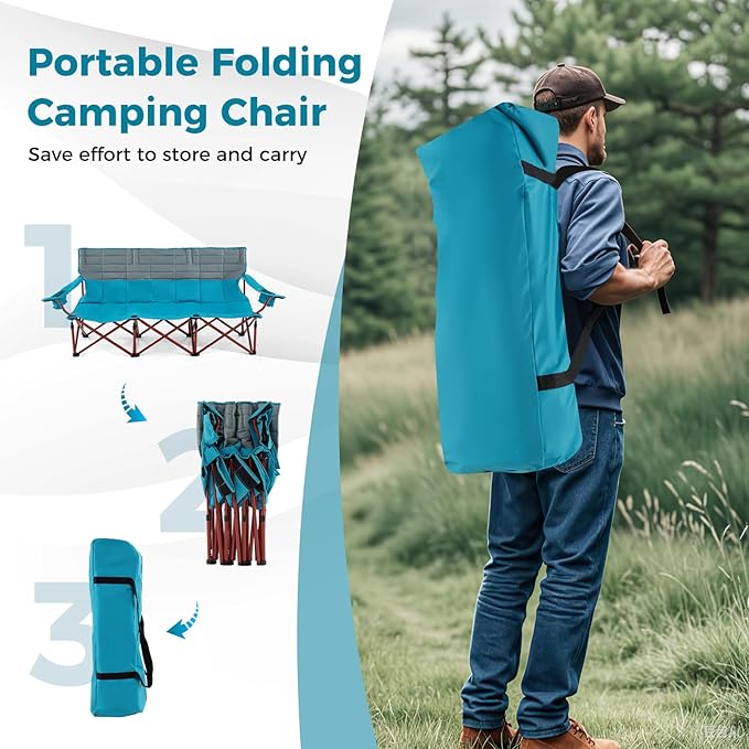 Tangkula 3 Person Oversized Camping Chair, Fully Padded Folding Camp Chair with Adjustable Armrests, Cup Holders, Carrying Bag, Portable Outdoor Lawn Chair for Camping, Support 900LBS