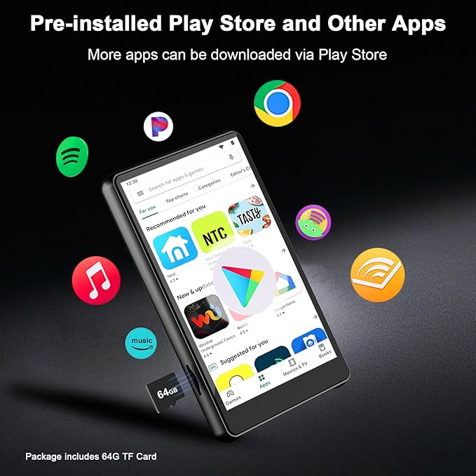 96GB MP3 Player with Bluetooth and WiFi, 4.1" Touch Screen, Silicone Protective case, Octa-core, MP4 Player for Spotify, Pandora, 96GB Storage Up to 1Tb, Android Music Player for Parental Control, FM