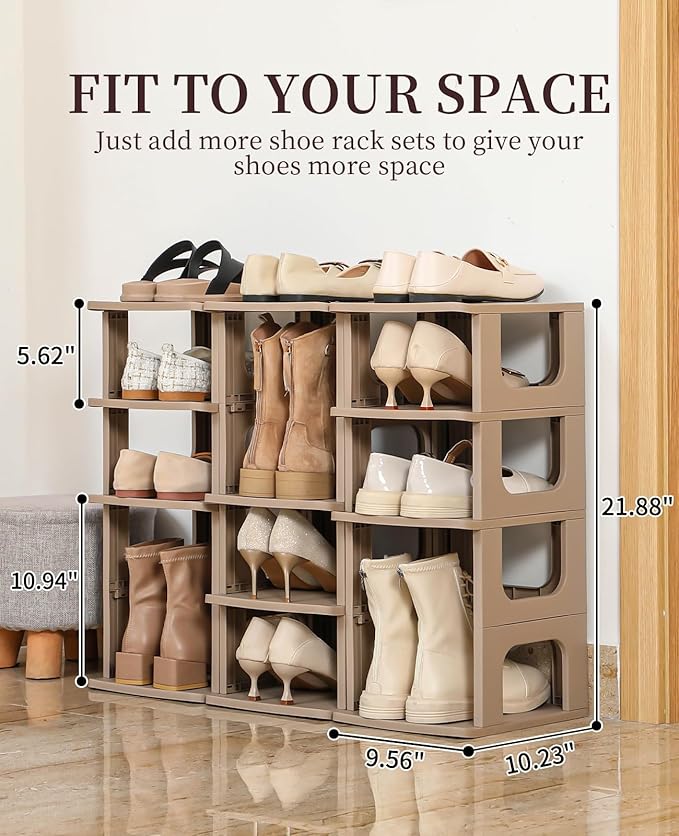Narrow Shoe Rack - 5 Tiers Stackable Shoe Storage Stand for Entryway Hallway and Closet Durable Shoe Shelf Space Saving Boots Storage and Organization Stylish Small Shoe Cabinet No-Tool Assembly Khaki