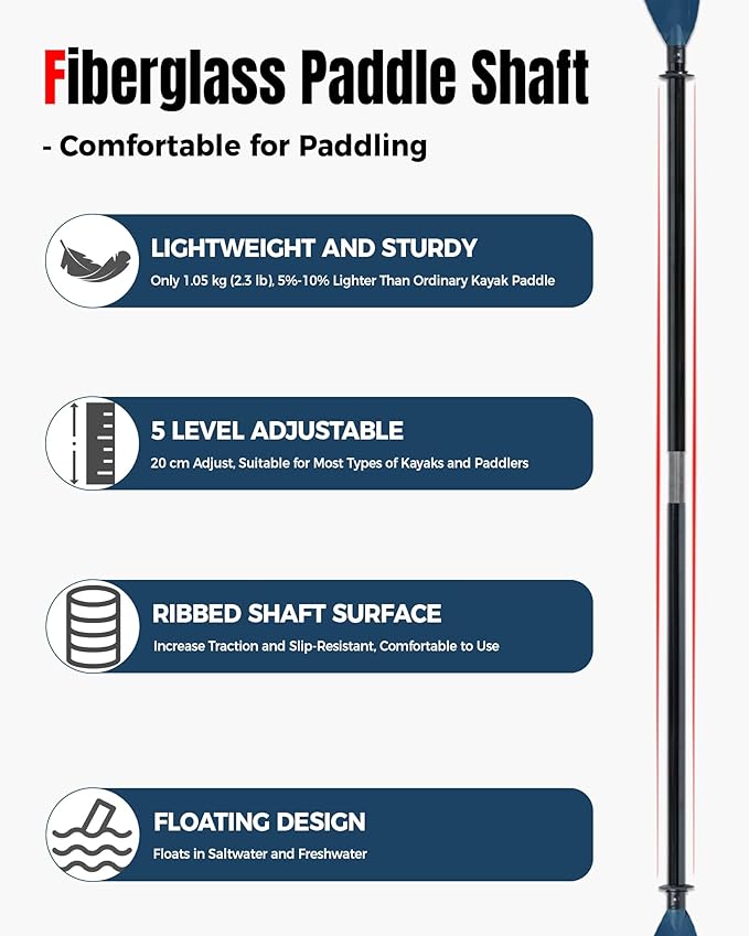 Angler Kayak Paddle with Fiberglass Shaft and Plastic Blade, Floating Adjustable Fihsing Kayak Oar, 220-240 cm/86-94", 240-260 cm/94-102", 260-280 cm/102-110"