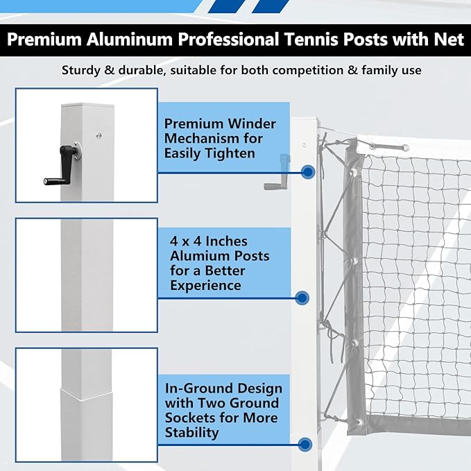 PROGOAL 100mm Heavy Duty Aluminum Tennis Net Posts - Full Aluminum Alloy Construction with Built-in Turbo Winder for Permanent In-Ground Installation - Includes Anchor Sockets for Concrete or Soil
