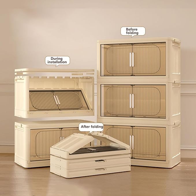 Holaki 39 QT Storage Bins with Lid, 5 Tiers Stackable Plastic Storage Bins Cabinet Box Collapsible Closet Organizers with Wheels and Magnetic Door,White
