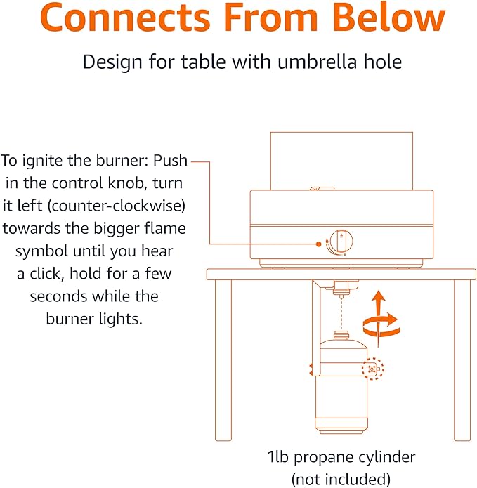 Amazon Basics 14-Inch Round Propane Fire Pit, 9000 BTU Portable Tabletop Fireplace with Glass Stones, Umbrella Hole Compatible for Outdoor Patio Tables & Camping, Brown