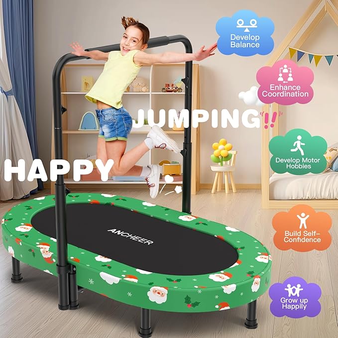 ANCHEER 56" Double Mini Trampoline for Kids, Mini Rebounder with 5-Level Adjustable Handle, Parent-Child Trampoline for Kids, Max Load 220lbs, Fun for Indoor/Outdoor