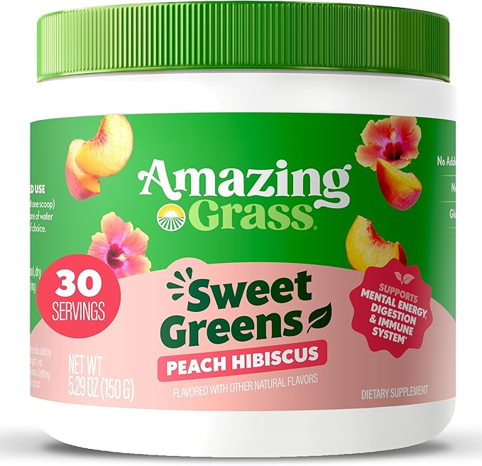 Amazing Grass Sweet Greens and Superfoods Powder for Digestive Health, Greens Powder, Digestive Enzymes, Probiotics, Spirulina, Chlorella, Peach Hibiscus, 30 Servings