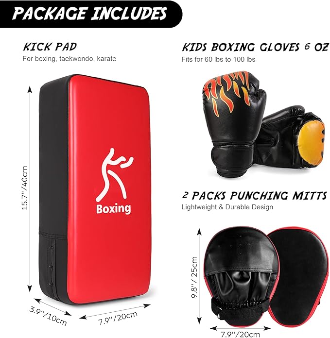 Odoland 3-in-1 Kids Youth Boxing Set - Punching Mitts, Kick Pads, Gloves for Boxing, Kickboxing, Karate, Muay Thai, MMA Training