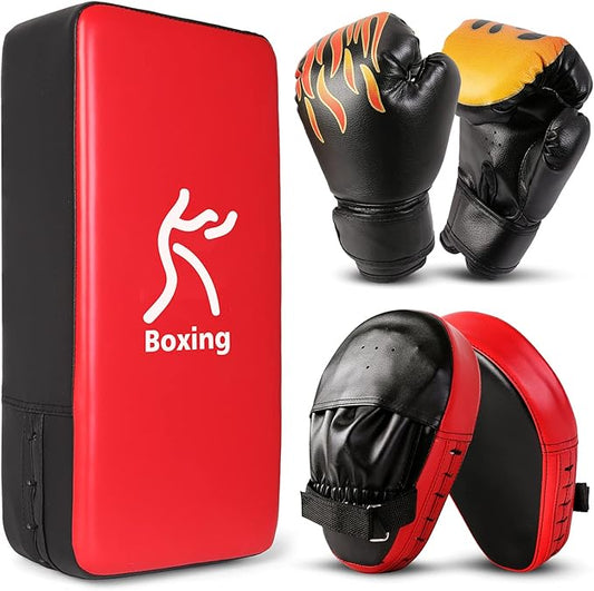 Odoland 3-in-1 Kids Youth Boxing Set - Punching Mitts, Kick Pads, Gloves for Boxing, Kickboxing, Karate, Muay Thai, MMA Training