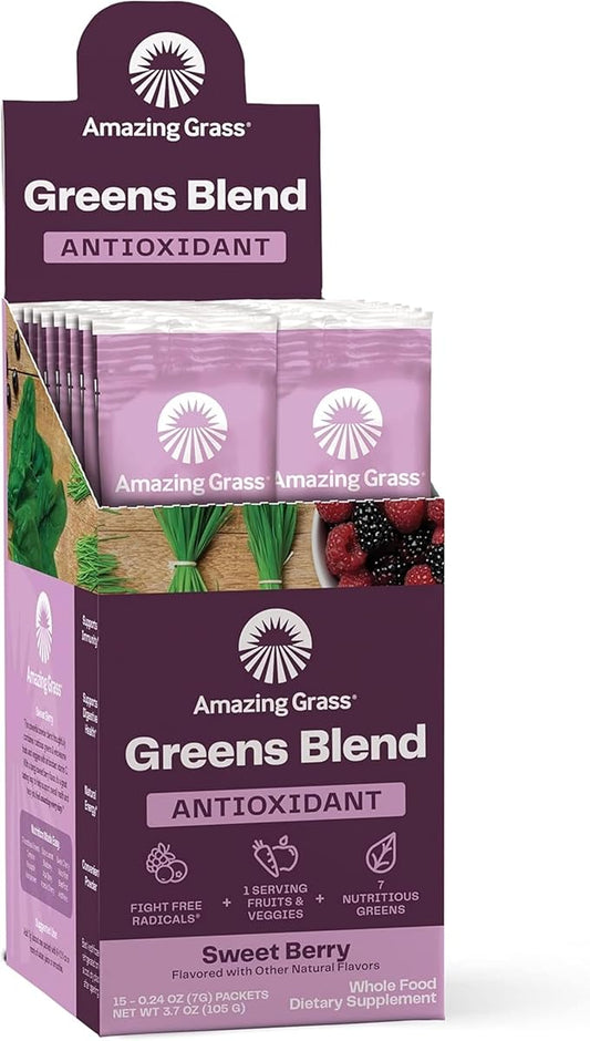 Amazing Grass Greens Blend Antioxidant: Super Greens Powder with Spirulina, Beet Root Powder, Elderberry, Prebiotics & Probiotics, Sweet Berry, 15 Servings (Packaging May Vary)