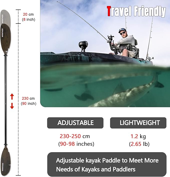 Angler Kayak Paddles Aluminum Paddle with Plastic Blades and Paddle Leash, Floating Adjustable Fishing Kayak Oars, 3 Piece, 230-250cm/90-98 inch