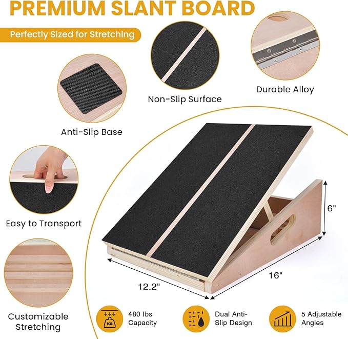 Slant Board for Calf Stretching, Portable Wooden Calf Stretcher - Adjustable Incline Board for Knees Ankle Heel Feet Leg