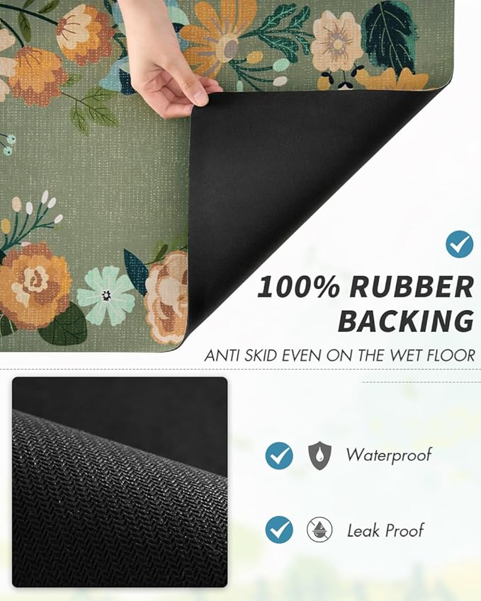 AMOAMI Coffee Mat - Hide Stain Rubber Backed Absorbent Dish Drying Mat for Kitchen Counter - Bar Accessories Fit Under Coffee Maker, Espresso Machine, Dish Rack - Floral Green 16x24