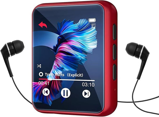MP3 Player Bluetooth 5.3 Full Touch Screen Color Screen Mini MP3 Player, HiFi Lossless Music Player with Speakers, FM Radio, Recording, Support up to 128GB (red)