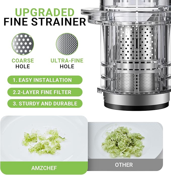 AMZCHEF Cold Press Juicer, Juicer Machines - 3.1" Large Feed Chute for Whole Fruits & Vegetables, Stainless Steel Slow Masticating Juicer Easy to Clean, Large Auger, Double Strainers, Silver