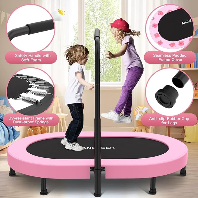 ANCHEER 56" Double Mini Trampoline for Kids, Mini Rebounder with 5-Level Adjustable Handle, Parent-Child Trampoline for Kids, Max Load 220lbs, Fun for Indoor/Outdoor