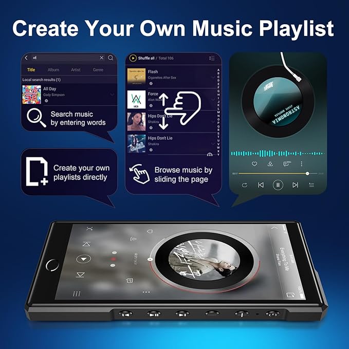 MP3 Player with Bluetooth and WiFi, C4 PRO HiFi MP3 Player 4.3" FHD Zinc Alloy Panel Touch Screen, MP4 Players,Music Player with Spotify,Pandora,Amazon Music(Black,80GB)