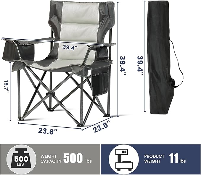 Oversized Folding Camping Chair for Adults, Supports 500 LBS Camping Chairs, Outdoor Lawn Chairs for Adults, Portable Chairs for Camping, Beach, Fishing, Hiking, Gray