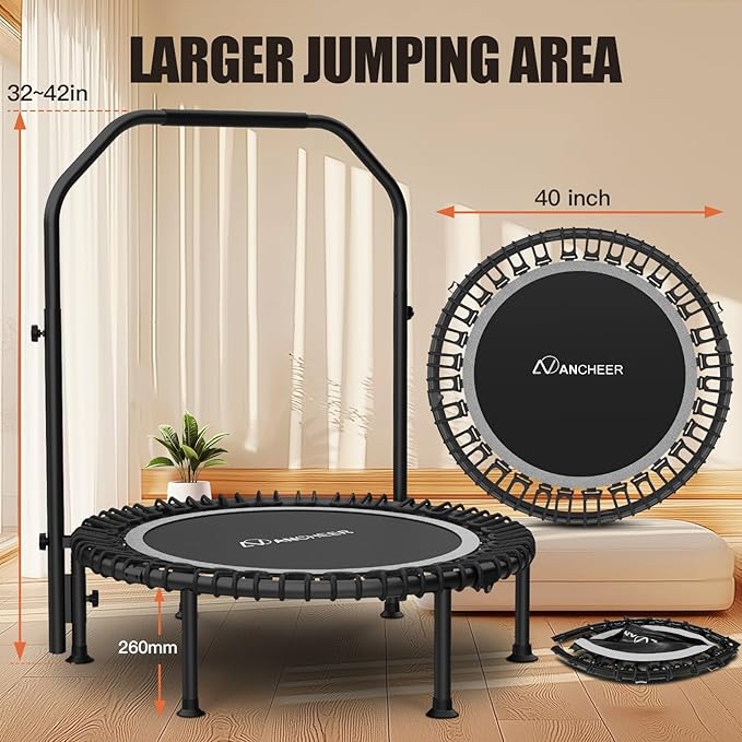 ANCHEER 40/48" Mini Trampoline with Upgraded Bungee Cords, 550LBS Capacity, Adjustable Foam Bar & Resistance Ropes, Indoor/Outdoor Rebounder for Adults