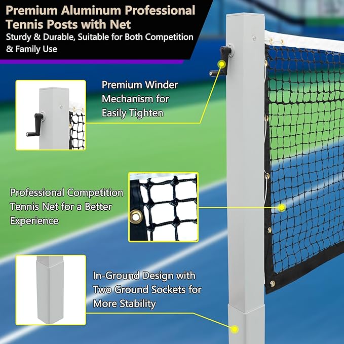 PROGOAL 100mm Heavy Duty Aluminum Tennis Net Posts - Full Aluminum Alloy Construction with Built-in Turbo Winder for Permanent In-Ground Installation - Includes Anchor Sockets for Concrete or Soil