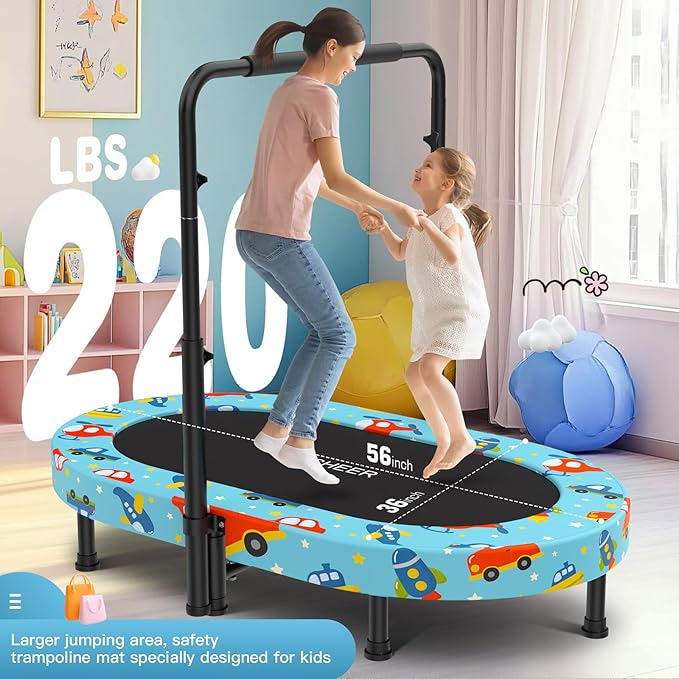 ANCHEER 56" Double Mini Trampoline for Kids, Mini Rebounder with 5-Level Adjustable Handle, Parent-Child Trampoline for Kids, Max Load 220lbs, Fun for Indoor/Outdoor