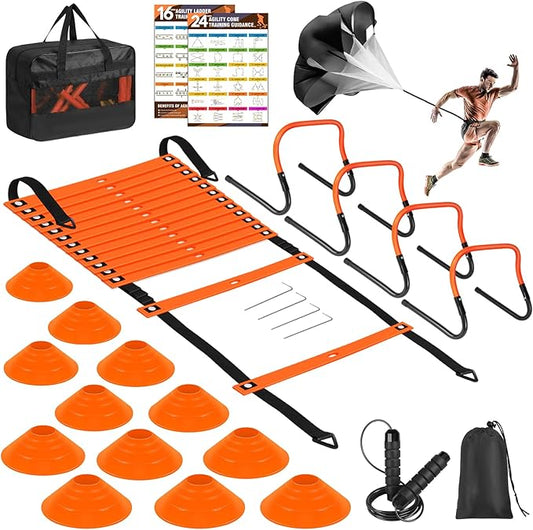 Soccer Training Equipment, Agility Speed Training Set with 20ft Speed Ladder, 12 Cones, 4 Adjustable Hurdles, Jump Rope, Parachute | Ideal for Basketball, Football Practise, for Kids, Youth, Adults