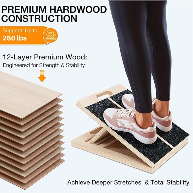 Professional Wooden Slant Board for Calf Stretching, Portable 5-Stretch Board for Knees, Non-Slip Foot Incline Board Physical Therapy Equipment Calf Stretch, Extra Side Handle for Carry
