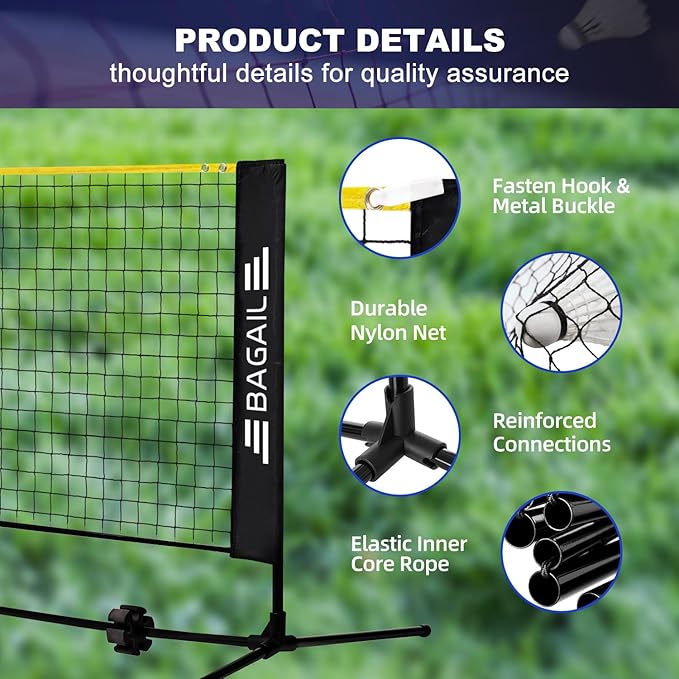 BAGAIL Badminton Net, Height Adjustable Kids Volleyball Net, Foldable Nylon Net 10 ft/14ft/17ft Wide, Tennis Net, Small Pickleball Net for Backyard Game and Indoor Outdoor Use, Easy Setup