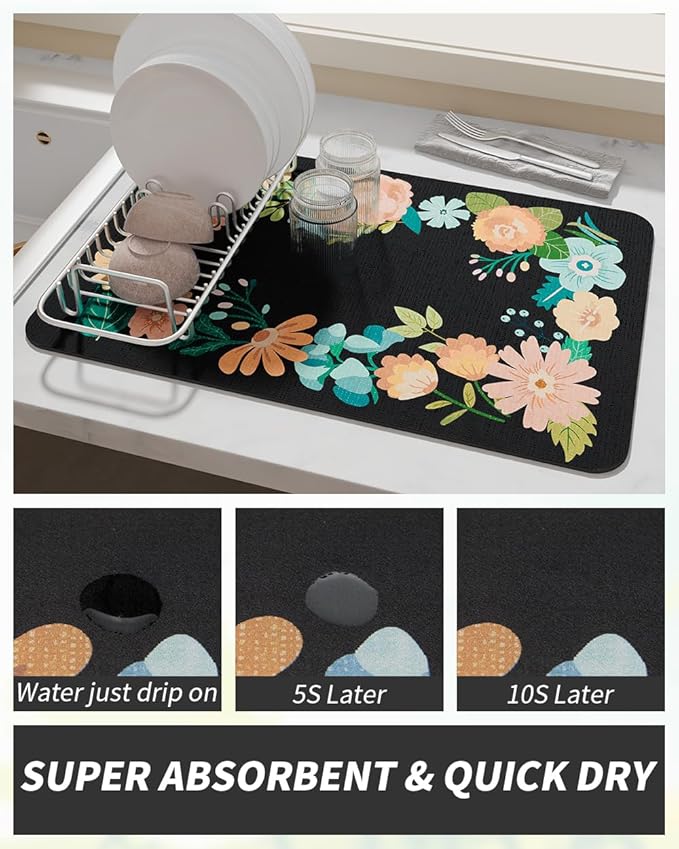 AMOAMI Coffee Mat Hide Stain Rubber Backed Absorbent Dish Drying Mat for Kitchen Counter - Fits Under Coffee Maker or Machine - Floral BLACK 17x31.5