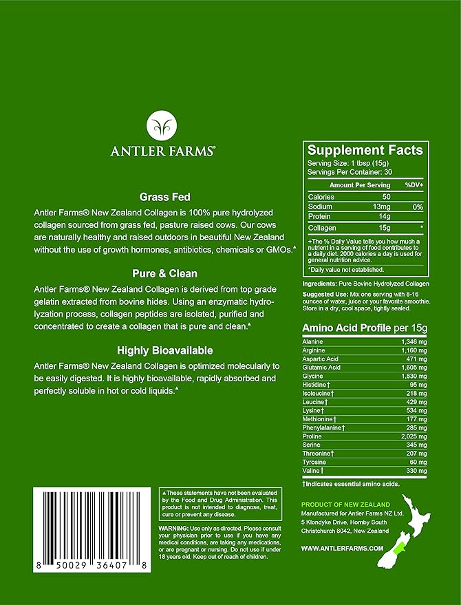 Antler Farms - 100% Pure New Zealand Collagen Powder from Grass Fed Cows, Unflavored, 1 lb - Hydrolyzed Cold Water Soluble Peptides, Keto Friendly, Bioavailable, Quick Dissolving
