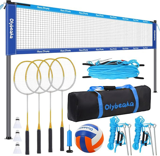Outdoor Volleyball Badminton Combo Set with Net, Anti-Sagging Design, 4 Badminton Rackets, 3 Birdies and PU Volleyball for Backyard Lawn Beach