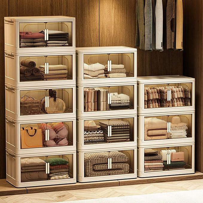 Holaki 39 QT Storage Bins with Lid, 5 Tiers Stackable Plastic Storage Bins Cabinet Box Collapsible Closet Organizers with Wheels and Magnetic Door,White
