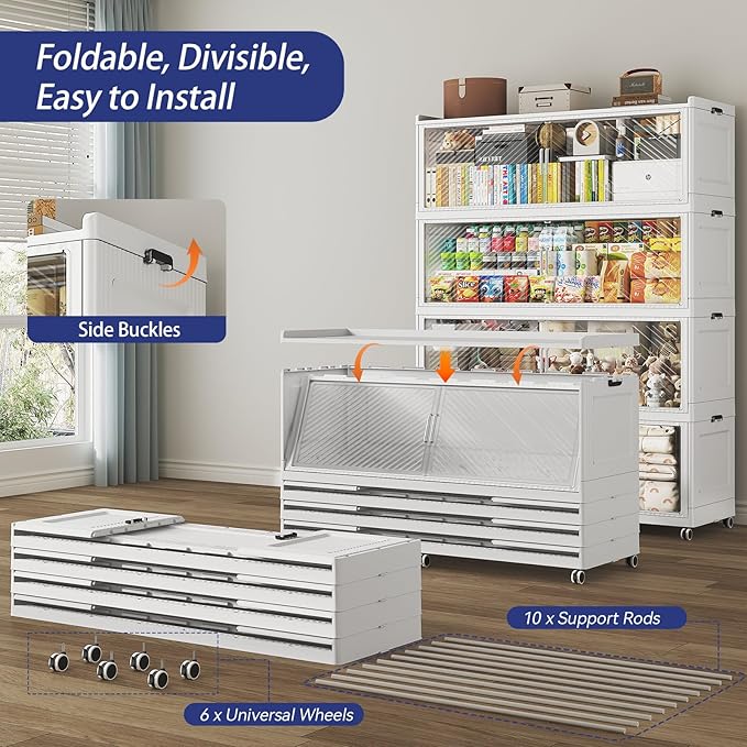 200GAL Extra Large Stackable Storage Bins with Lid, 800QT Plastic Closet Organizer and Storage Cabinet with Wheels and Doors, Folding Storage Box Container for Home Organization, 4Pack White
