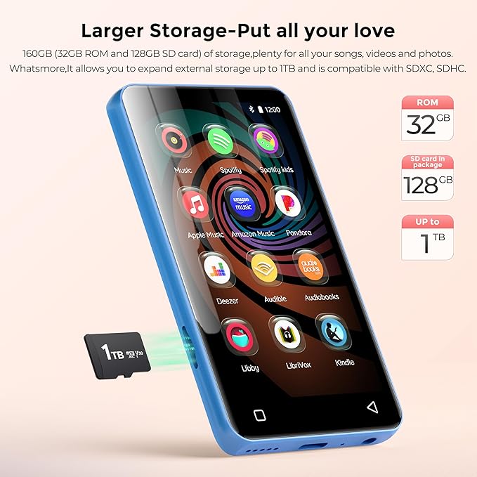 MP3 Player with Bluetooth and WiFi, innioasis 160GB Music Player with Spotify,Pandora,Amazon Music,4" Touch Screen Android MP4 MP3 Player for Kids with Libby,Audible,Audiobooks(White-Blue)