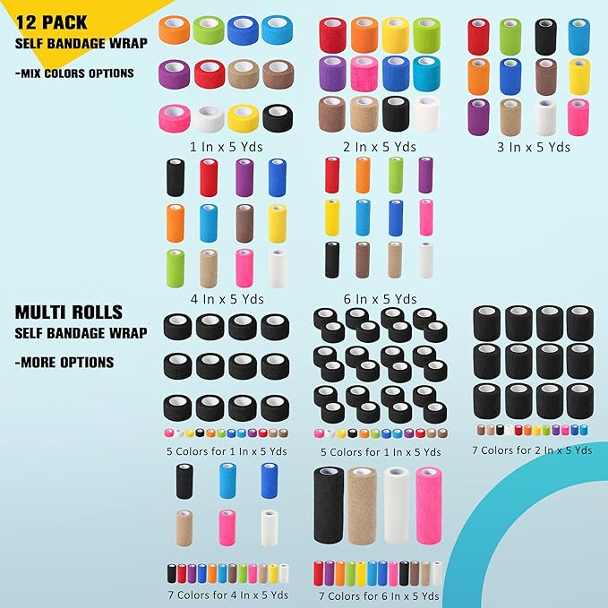 24 Pack Self Adhesive Bandage Wrap, 1 in x 5 Yards Non-Woven Self Adherent Cohesive Bandage, Vet Wrap Wound Tape for Thumb Finger Wrist Knee Ankle, Mix Colors