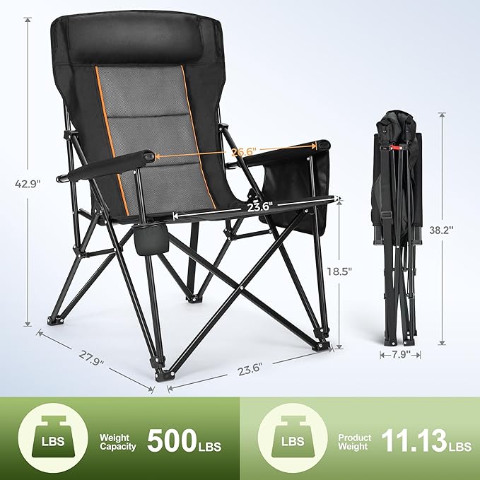 LET'S CAMP Oversized Camping Chairs 29.52" High Back Heavy Duty Lawn Chair Support 500LBS, Portable Collapsible Chair with Cup Holder, Side Pocket(Black)