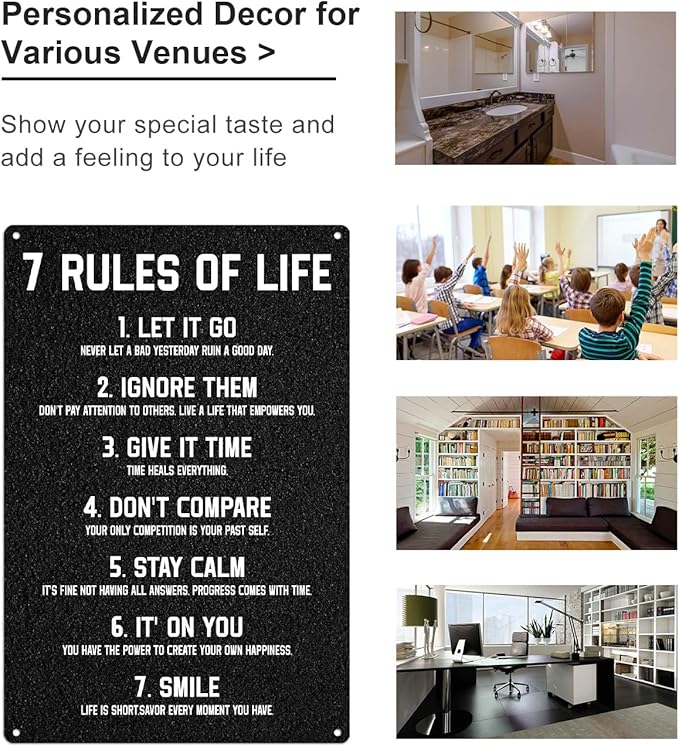 ALKB Inspirational Metal Sign for Teen Bedroom Decor - Motivational Wall Decor for Bedroom Office Girls, Boys, Teenager - 7 Rules of Life 8x12 Inch