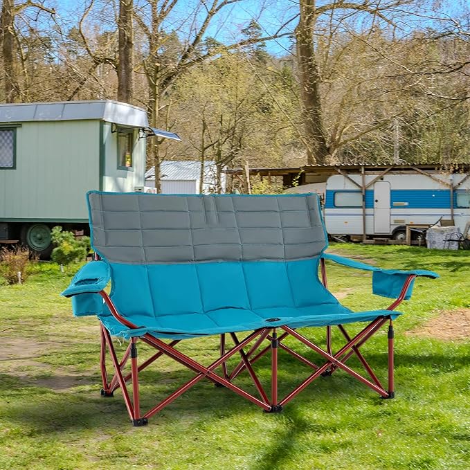 Tangkula 2 Person Oversized Camping Chair, Fully Padded Folding Loveseat Camp Chair with Adjustable Armrests, Cup Holders, Carrying Bag, Portable Double Outdoor Lawn Chair for Camping