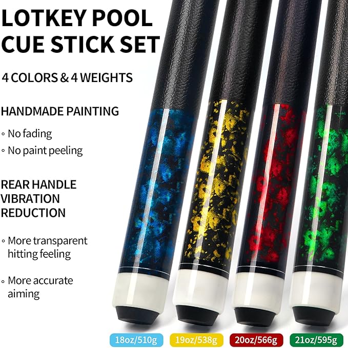 LOTKEY Pool Cue Set of 4-58 Inch 18~21 oz Canadian Maple Professional Billiard Cue Sticks, Pool Cue Stick with Extra 2 Pool Chalks, Pool Sticks for Adults, Durable, for Billiard Players