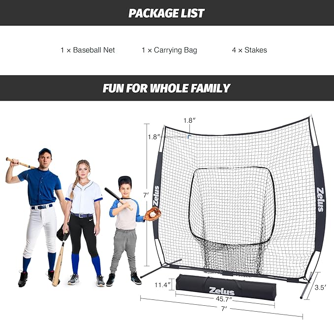 ZELUS Baseball Net 7 ft x7 ft, Softball Hitting & Pitching with Carry Bag, Ground Stakes, Portable Backstop & Bow Frame, Training Equipment for All Ages