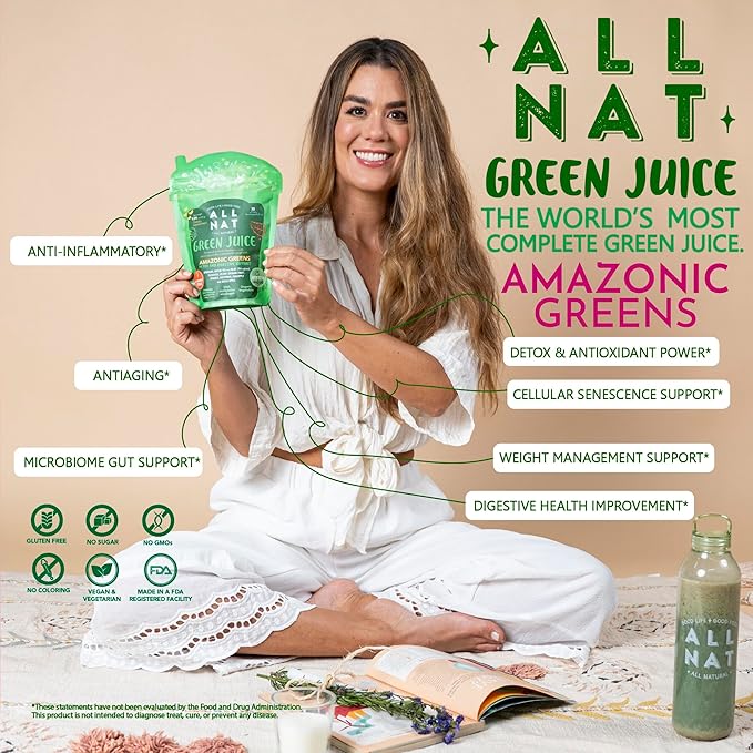 ALL NAT Super Greens Powder | Green Juice with 38 Superfoods, 11 Organic Nutrients, Amazonian Antioxidants | Gut Health, Detox & Immunity | Vegan, No Sugar – 30 Servings