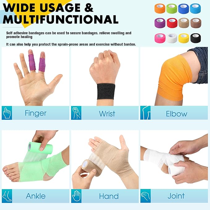 24 Pack Self Adhesive Bandage Wrap, 1 in x 5 Yards Non-Woven Self Adherent Cohesive Bandage, Vet Wrap Wound Tape for Thumb Finger Wrist Knee Ankle, Black