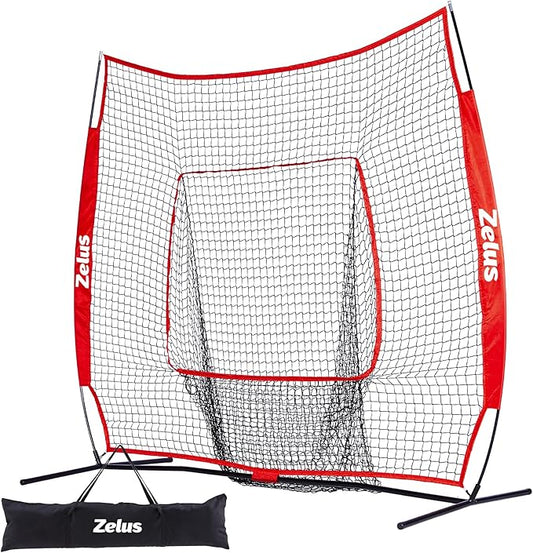 ZELUS Baseball Net 7 ft x7 ft, Softball Hitting & Pitching with Carry Bag, Ground Stakes, Portable Backstop & Bow Frame, Training Equipment for All Ages