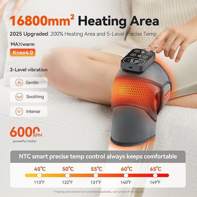 Cordless Knee Massager with Heat Vibration for Pain Relief, MAXwarm 4.0[2025 Upgraded] - Electric Heated Knee Brace with 5 Heat Levels and 3 Massage Mode, Gifts for Men Women (Grey, Pair)