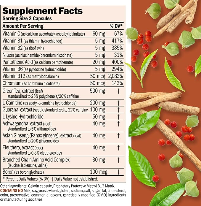 ANDREW LESSMAN Energy and Fat Metabolism Factors - 180 Capsules - Promotes Optimum Fat and Energy Metabolism, with Carnitine, Green Tea, Guarana, Ginseng, B-Complex. Easy to Swallow Capsules