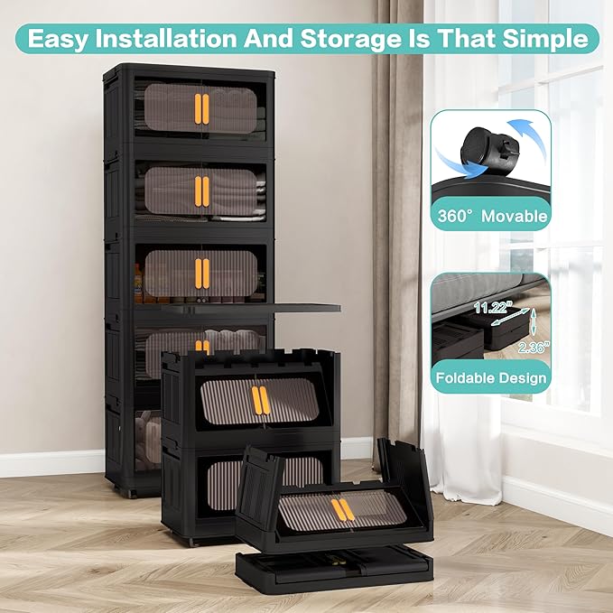 Holaki 156 QT Storage Bins with Lid, 4 Tiers Collapsible Closet Organizers, Stackable Plastic Storage Bins Cabinet Box with Wheels and Magnetic Door(Black)